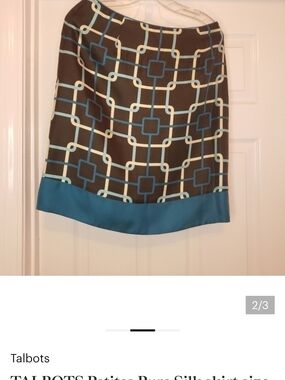 Talbots Brown Geometric Pencil Skirt with Teal Hem Pure Silk{Bx2}
